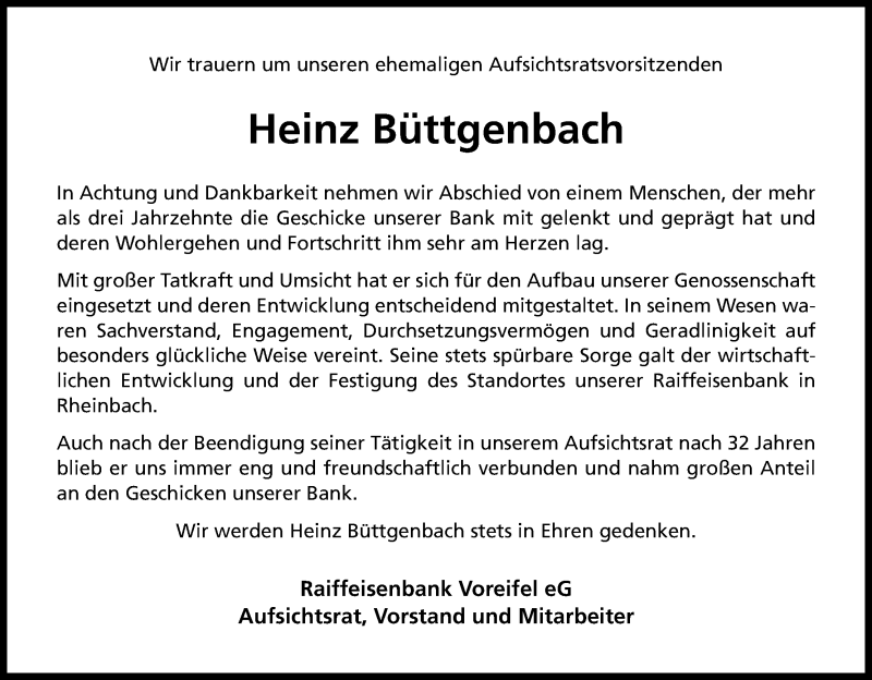  Traueranzeige für Heinz Büttgenbach vom 11.04.2017 aus Kölner Stadt-Anzeiger / Kölnische Rundschau / Express
