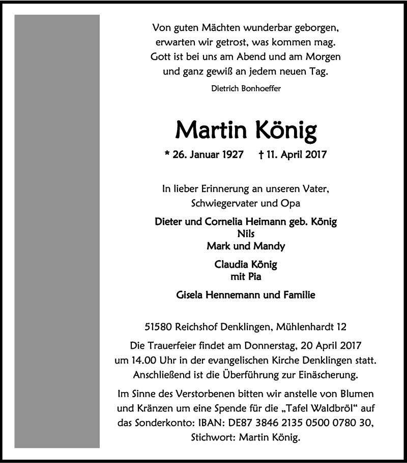 Traueranzeige für Martin König vom 15.04.2017 aus Kölner Stadt-Anzeiger / Kölnische Rundschau / Express