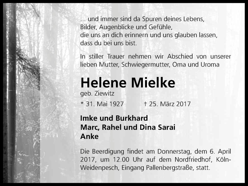  Traueranzeige für Helene Mielke vom 01.04.2017 aus Kölner Stadt-Anzeiger / Kölnische Rundschau / Express