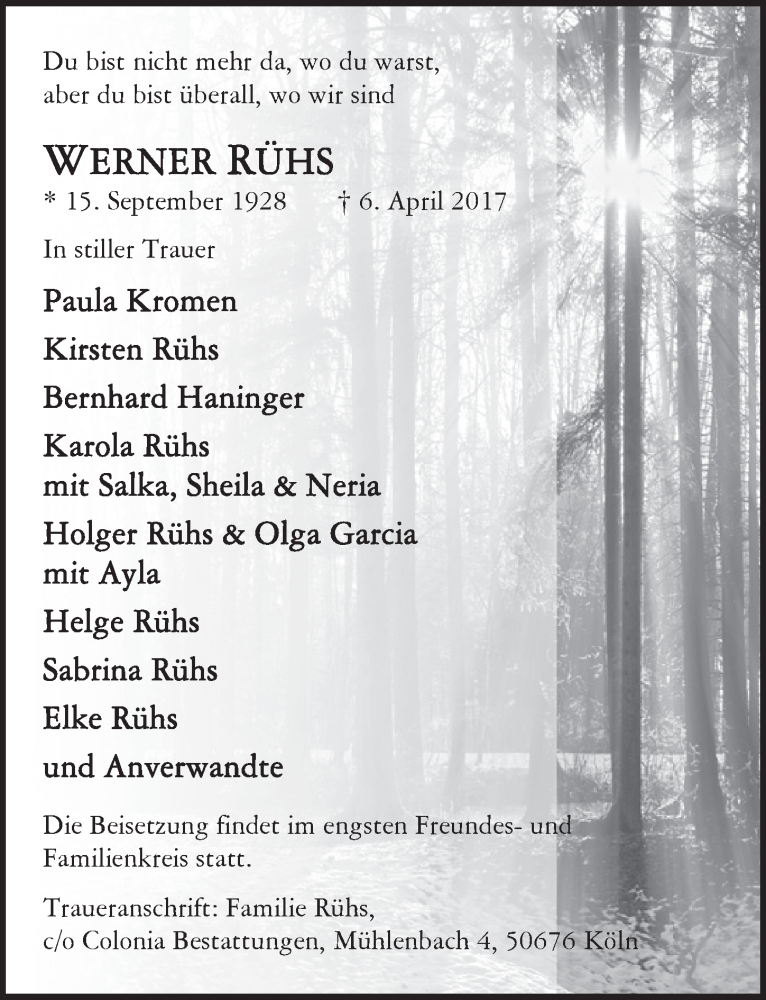  Traueranzeige für Werner Rühs vom 19.04.2017 aus  Kölner Wochenspiegel 