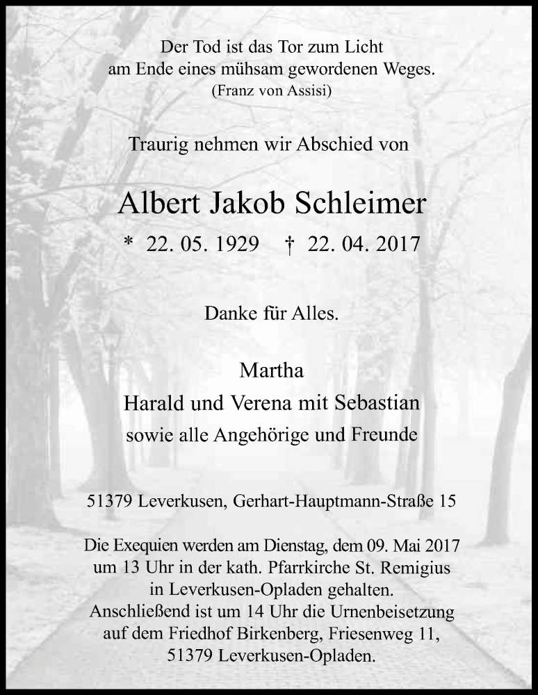  Traueranzeige für Albert Jakob Schleimer vom 29.04.2017 aus Kölner Stadt-Anzeiger / Kölnische Rundschau / Express