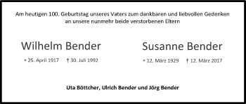 Anzeige von Wilhelm und Susanne Bender von Kölner Stadt-Anzeiger / Kölnische Rundschau / Express