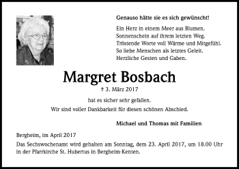 Anzeige von Margret Bosbach von Kölner Stadt-Anzeiger / Kölnische Rundschau / Express