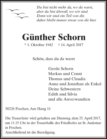 Anzeige von Günther Schorn von  Sonntags-Post 