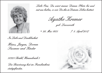 Anzeige von Agathe Kremer von  Schlossbote/Werbekurier 