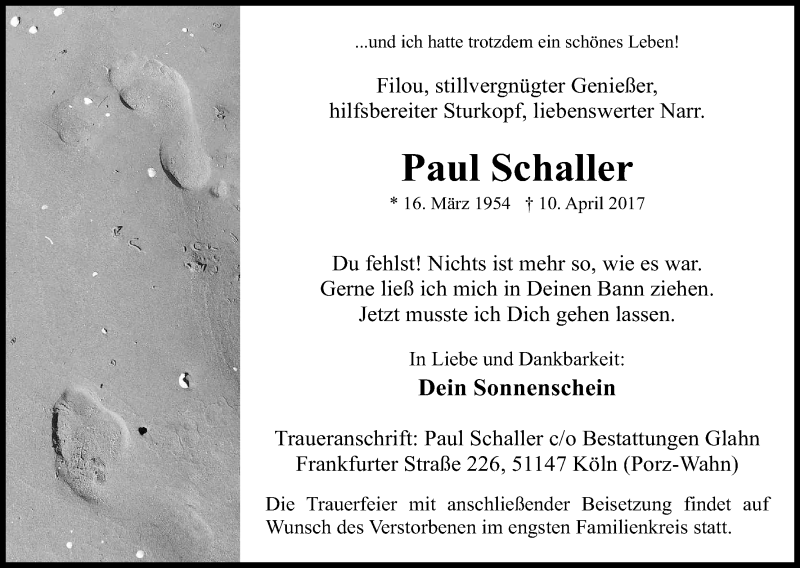  Traueranzeige für Paul Schaller vom 19.04.2017 aus Kölner Stadt-Anzeiger / Kölnische Rundschau / Express