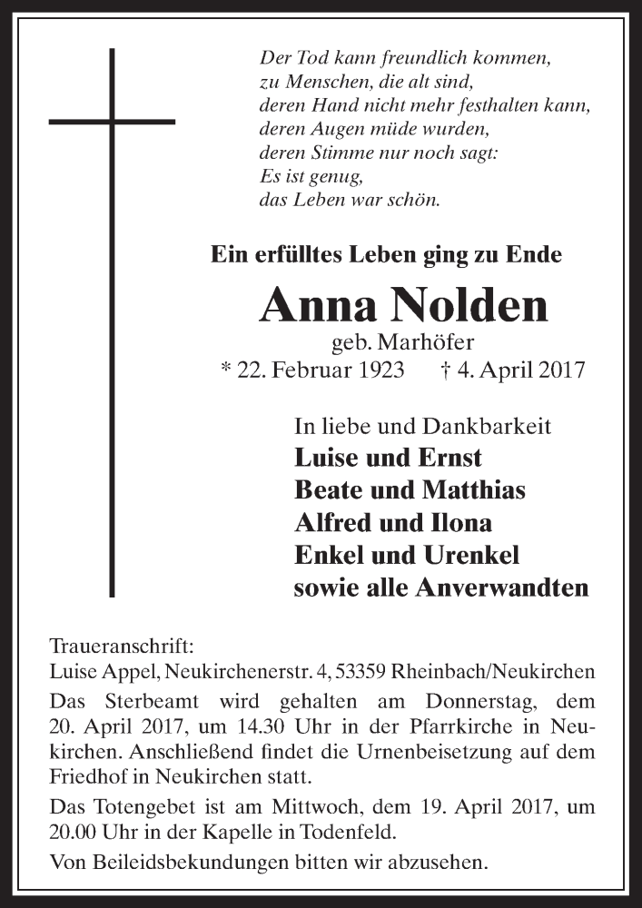  Traueranzeige für Anna Nolden vom 12.04.2017 aus  Schaufenster/Blickpunkt 