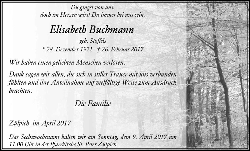  Traueranzeige für Elisabeth Buchmann vom 01.04.2017 aus Kölner Stadt-Anzeiger / Kölnische Rundschau / Express