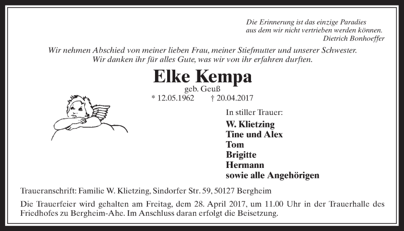 Traueranzeige für Elke Kempa vom 26.04.2017 aus  Werbepost 