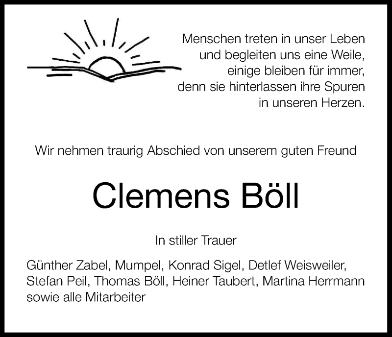  Traueranzeige für Clemens Böll vom 15.04.2017 aus Kölner Stadt-Anzeiger / Kölnische Rundschau / Express