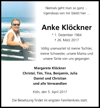Anzeige von Anke Klöckner von Kölner Stadt-Anzeiger / Kölnische Rundschau / Express