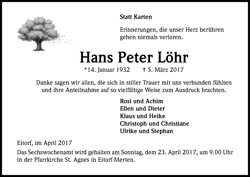  Traueranzeige für Hans Peter Löhr vom 15.04.2017 aus Kölner Stadt-Anzeiger / Kölnische Rundschau / Express