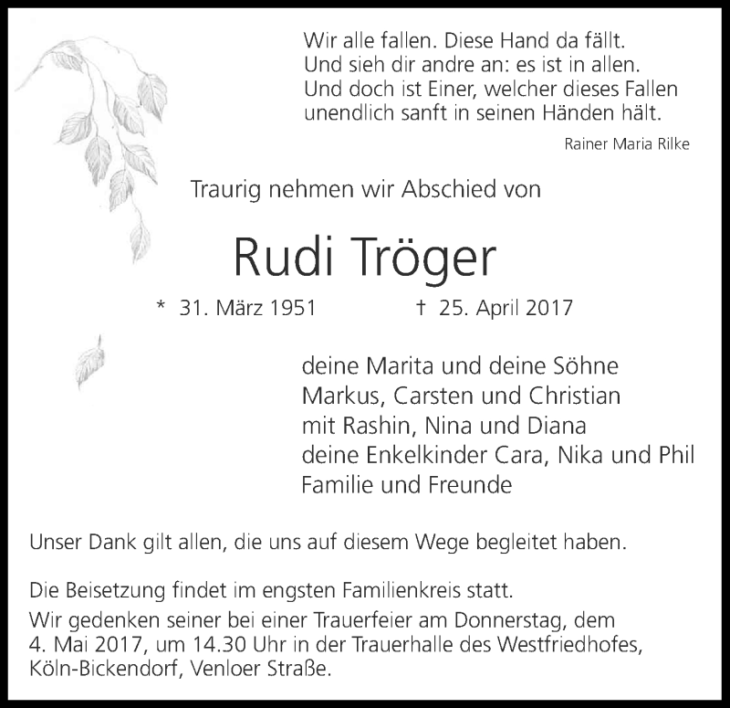  Traueranzeige für Rudi Tröger vom 29.04.2017 aus Kölner Stadt-Anzeiger / Kölnische Rundschau / Express