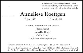Anzeige von Anneliese Roettgen von Kölner Stadt-Anzeiger / Kölnische Rundschau / Express