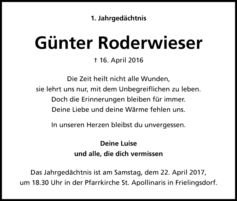  Traueranzeige für Günter Roderwieser vom 15.04.2017 aus Kölner Stadt-Anzeiger / Kölnische Rundschau / Express