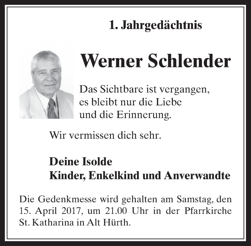  Traueranzeige für Werner Schlender vom 12.04.2017 aus  Wochenende 