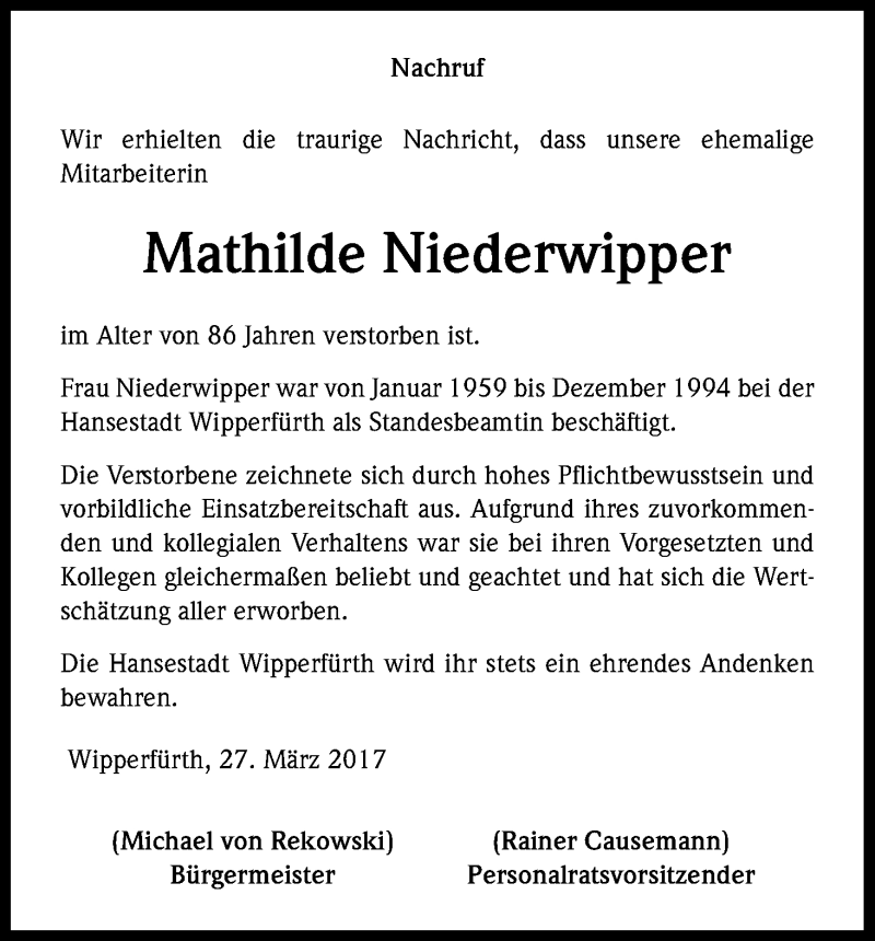  Traueranzeige für Mathilde Niederwipper vom 01.04.2017 aus Kölner Stadt-Anzeiger / Kölnische Rundschau / Express