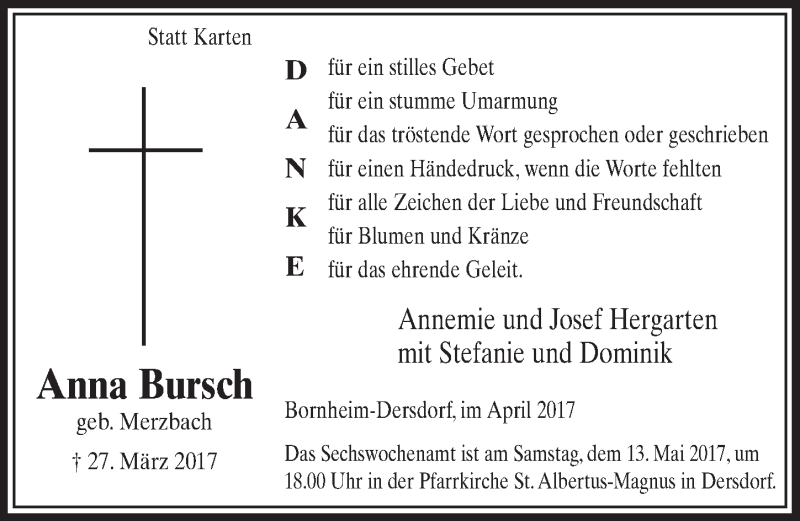  Traueranzeige für Anna Bursch vom 26.04.2017 aus  Schaufenster/Blickpunkt  Schlossbote/Werbekurier 