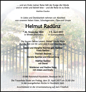 Anzeige von Helmut Radünz von Kölner Stadt-Anzeiger / Kölnische Rundschau / Express