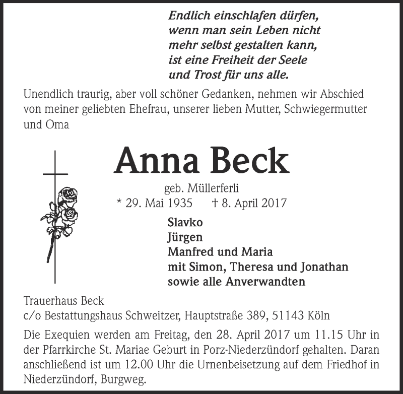  Traueranzeige für Anna Beck vom 19.04.2017 aus  Kölner Wochenspiegel 
