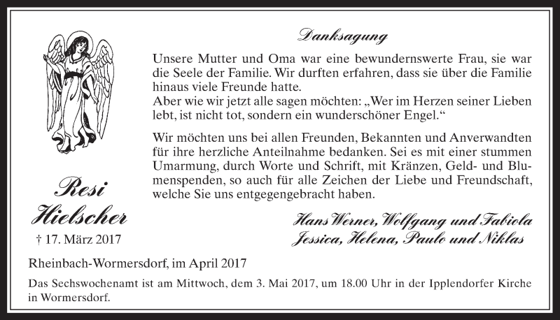  Traueranzeige für Resi Hielscher vom 12.04.2017 aus  Schaufenster/Blickpunkt 