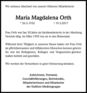 Anzeige von Maria Magdalena Orth von Kölner Stadt-Anzeiger / Kölnische Rundschau / Express