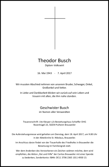 Anzeige von Theodor Busch von Kölner Stadt-Anzeiger / Kölnische Rundschau / Express