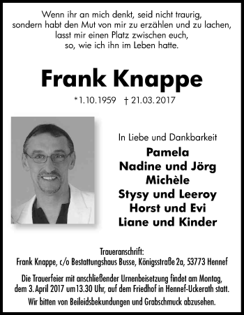 Anzeige von Frank Knappe von Kölner Stadt-Anzeiger / Kölnische Rundschau / Express