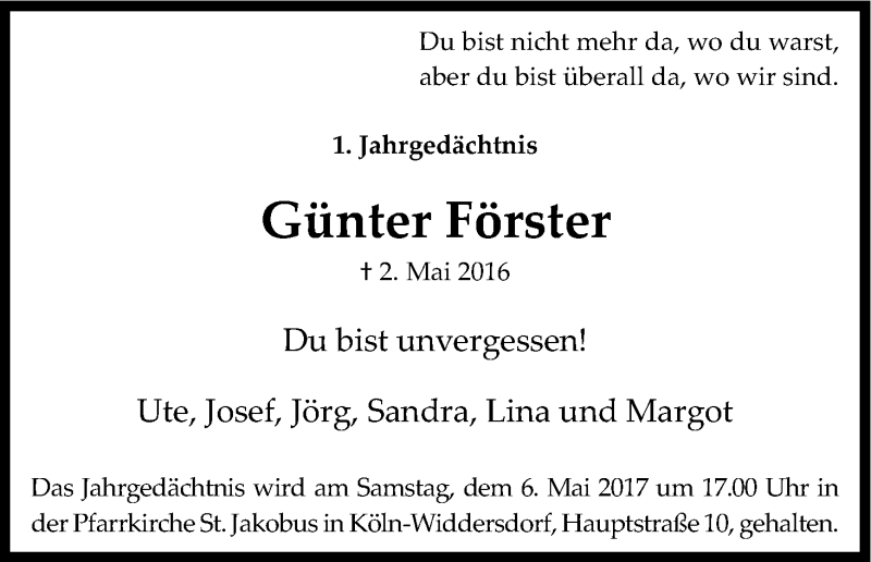  Traueranzeige für Günter Förster vom 29.04.2017 aus Kölner Stadt-Anzeiger / Kölnische Rundschau / Express