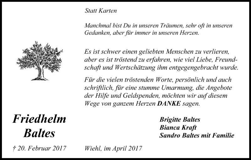  Traueranzeige für Friedhelm Baltes vom 22.04.2017 aus Kölner Stadt-Anzeiger / Kölnische Rundschau / Express