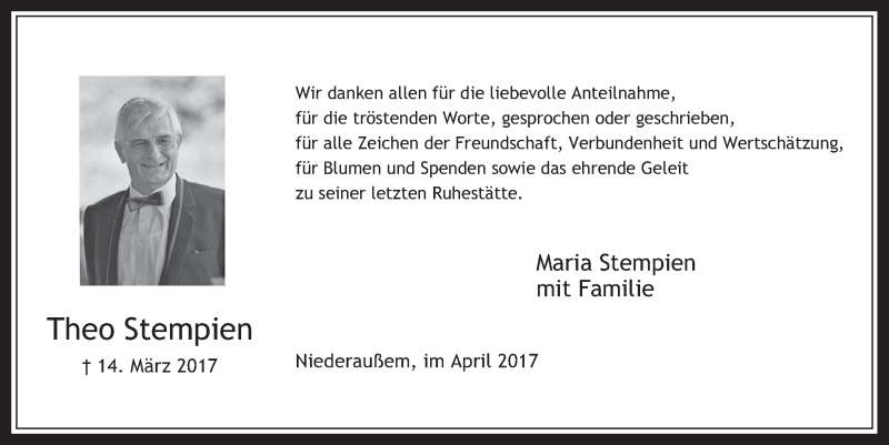  Traueranzeige für Theo Stempien vom 26.04.2017 aus  Werbepost 