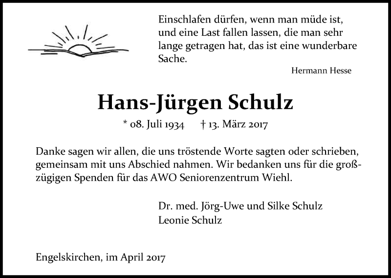  Traueranzeige für Hans-Jürgen Schulz vom 29.04.2017 aus Kölner Stadt-Anzeiger / Kölnische Rundschau / Express