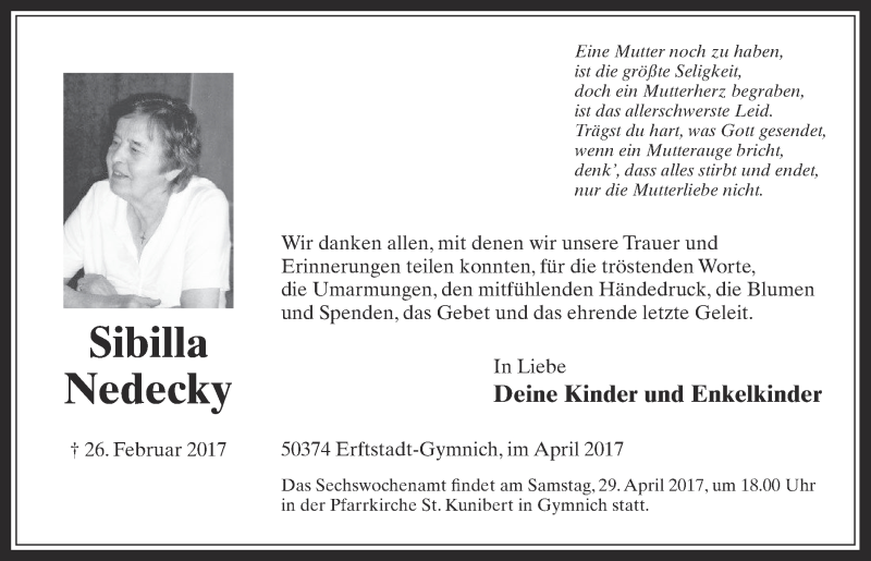  Traueranzeige für Sibilla Nedecky vom 26.04.2017 aus  Werbepost 