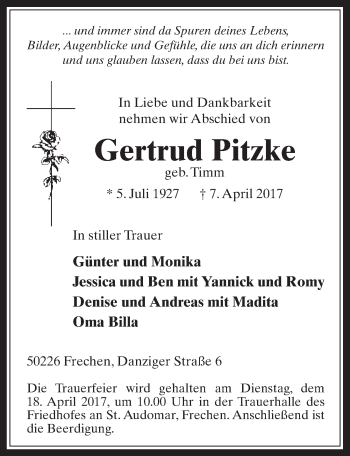 Anzeige von Gertrud Pitzke von  Wochenende 