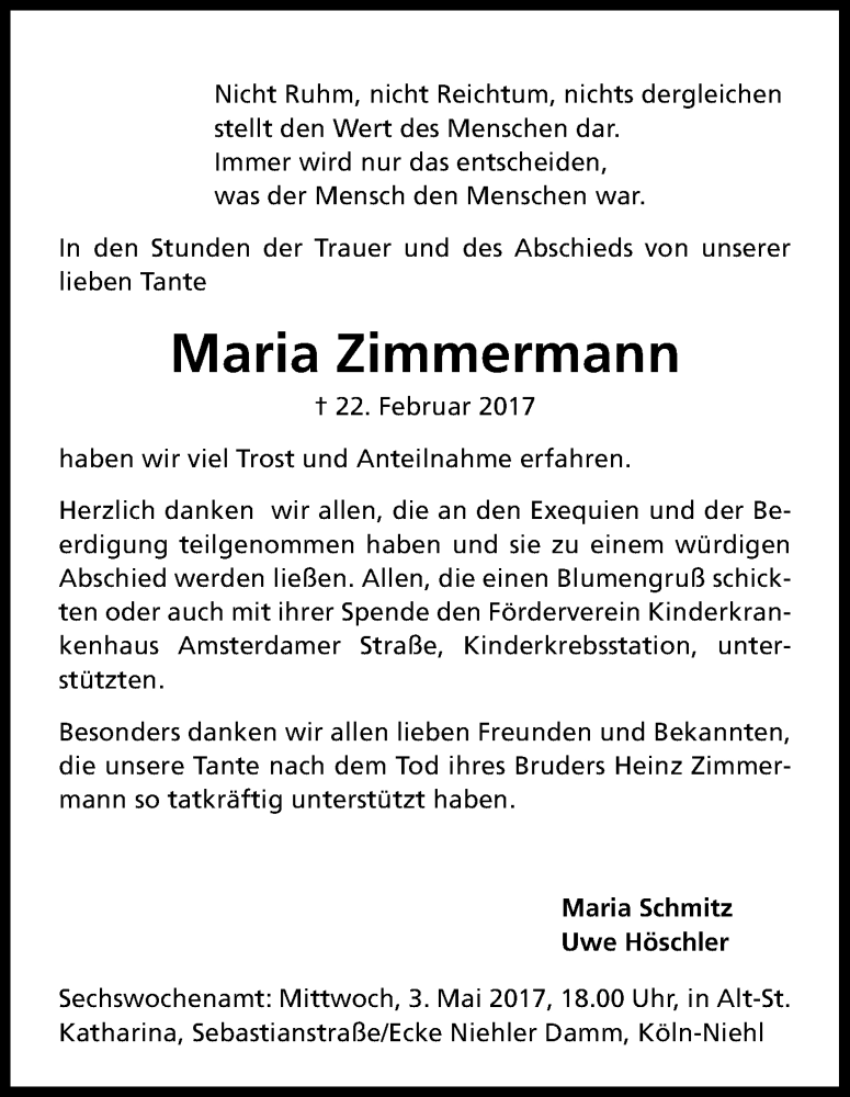  Traueranzeige für Maria Zimmermann vom 22.04.2017 aus Kölner Stadt-Anzeiger / Kölnische Rundschau / Express