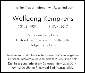 Anzeige von Wolfgang Kempkens von Kölner Stadt-Anzeiger / Kölnische Rundschau / Express
