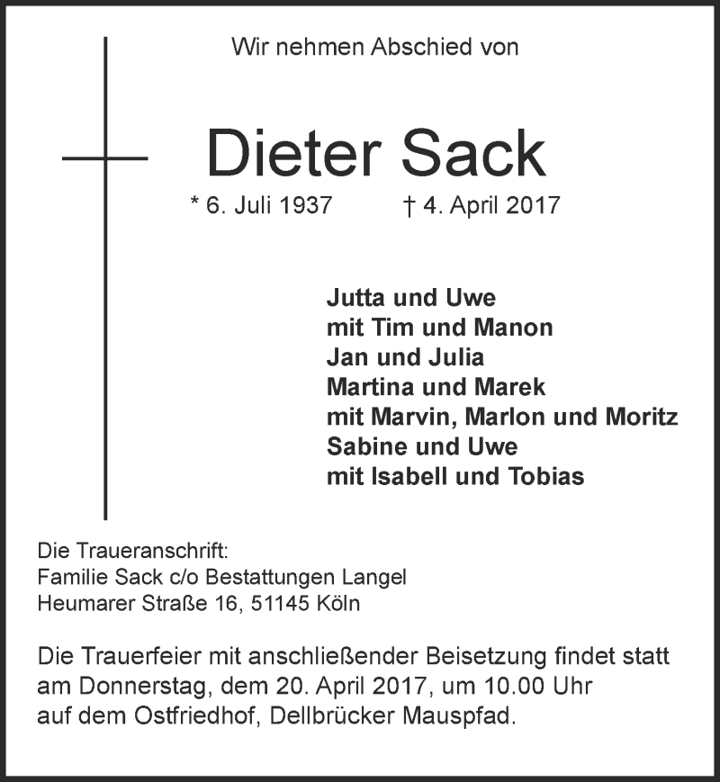  Traueranzeige für Dieter Sack vom 12.04.2017 aus  Kölner Wochenspiegel 