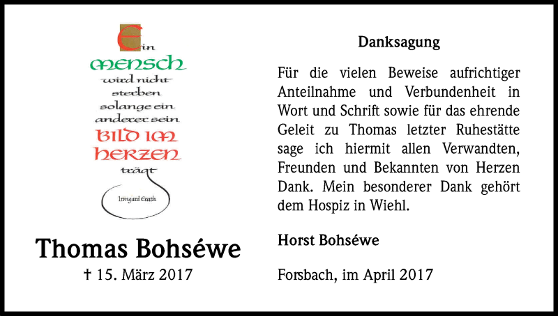  Traueranzeige für Thomas Bohséwe vom 07.04.2017 aus Kölner Stadt-Anzeiger / Kölnische Rundschau / Express