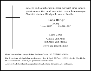 Anzeige von Hans Ittner von Kölner Stadt-Anzeiger / Kölnische Rundschau / Express