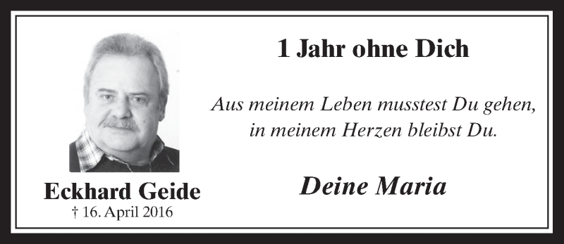  Traueranzeige für Eckhard Geide vom 12.04.2017 aus  Werbepost 