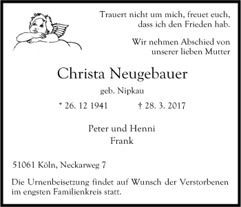 Anzeige von Christa Neugebauer von Kölner Stadt-Anzeiger / Kölnische Rundschau / Express