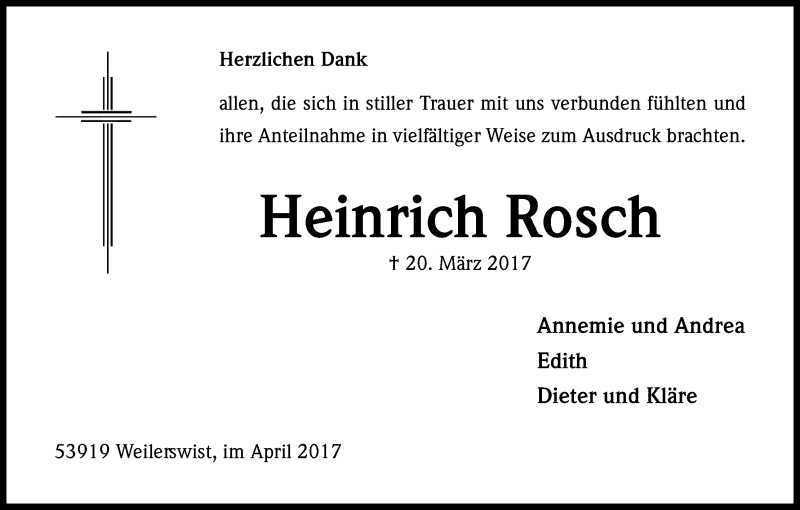  Traueranzeige für Heinrich Rosch vom 22.04.2017 aus Kölner Stadt-Anzeiger / Kölnische Rundschau / Express