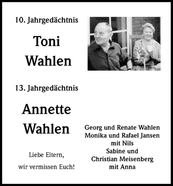 Anzeige von Annette Wahlen von Kölner Stadt-Anzeiger / Kölnische Rundschau / Express