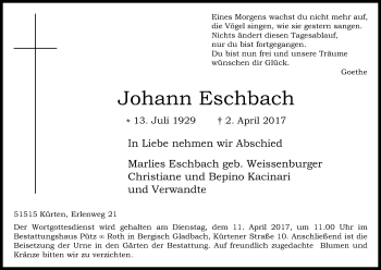Anzeige von Johann Eschbach von Kölner Stadt-Anzeiger / Kölnische Rundschau / Express