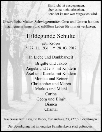 Anzeige von Hildegunde Schulte von Kölner Stadt-Anzeiger / Kölnische Rundschau / Express