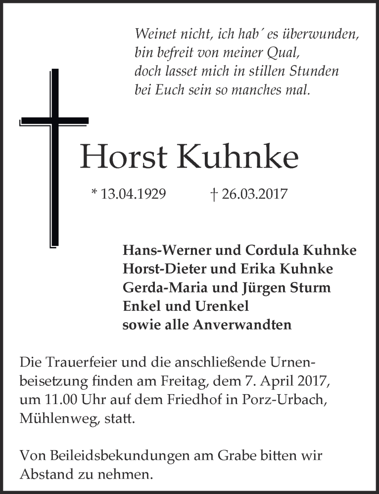  Traueranzeige für Horst Kuhnke vom 05.04.2017 aus  Kölner Wochenspiegel 