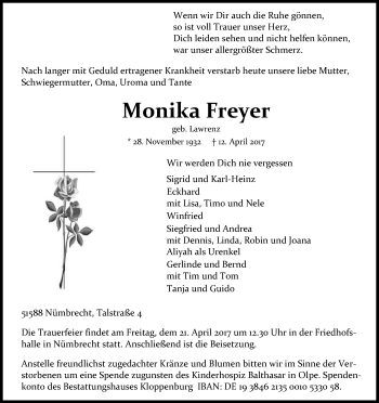 Anzeige von Monika Freyer von Kölner Stadt-Anzeiger / Kölnische Rundschau / Express