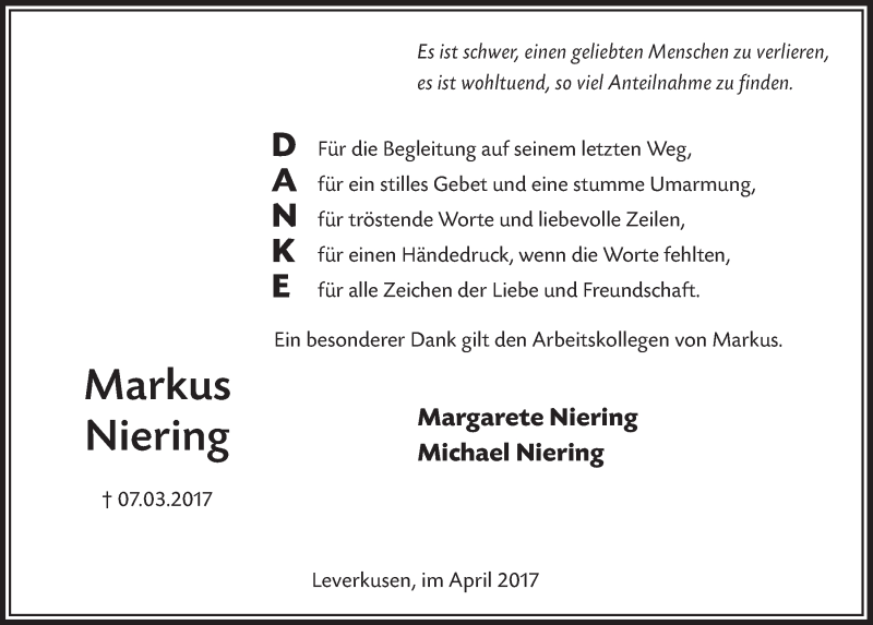  Traueranzeige für Markus Niering vom 12.04.2017 aus  Lokale Informationen 