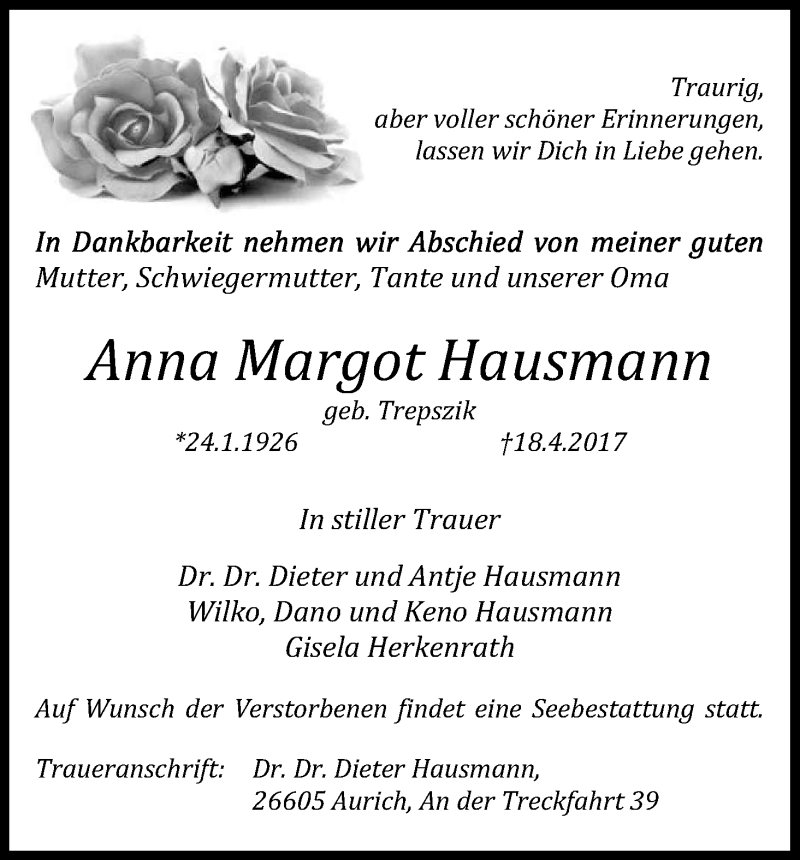  Traueranzeige für Anna Margot Hausmann vom 22.04.2017 aus Kölner Stadt-Anzeiger / Kölnische Rundschau / Express