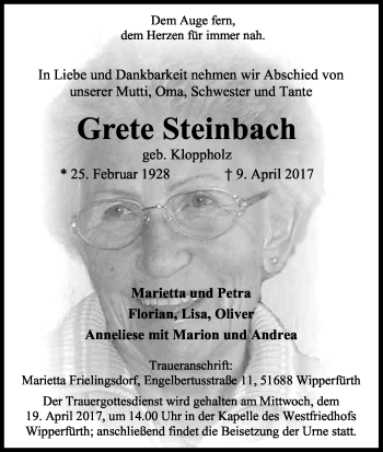Anzeige von Grete Steinbach von Kölner Stadt-Anzeiger / Kölnische Rundschau / Express